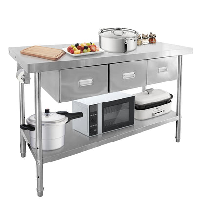 60" x 24" Stainless Steel Table with 3 Drawers, NSF Prep Table with Adjustable Undershelf & Paper Towel Holder, Heavy-Duty Food Prep Worktable for Commercial Kitchen Restaurant Garage Warehouse