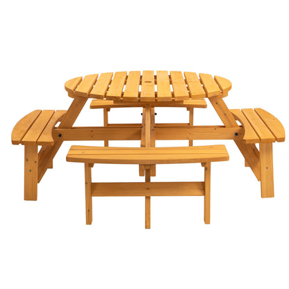 VroomAuto 8 Person Picnic Table Set with Benches, Solid Fir Wood Outdoor Dining Set, 43.3 Inch Round Table and 4 Foldable Benches for Patio Garden Camping, Natural Finish