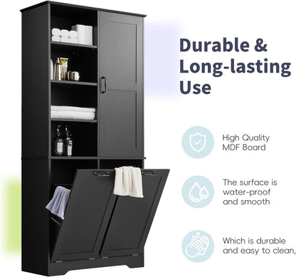 Virubi Tall Laundry Cabinet with 2 Tilt Out Laundry Hamper, Wood Bathroom Storage Cabinet with Doors and Adjustable Shelves Freestanding (Black)