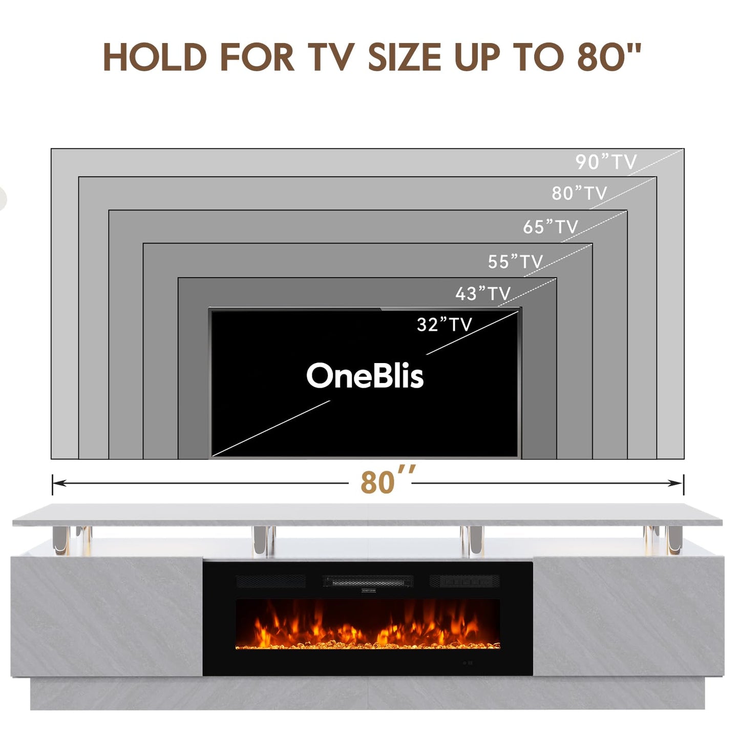 OneBlis 80" TV Stand & Entertainment Center, Media Console with Storage Cabinet, Fits TVs up to 90", Modern Living Room Furniture, 36" Electric Fireplace (Grey+Black)