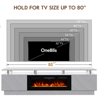 OneBlis 80" TV Stand & Entertainment Center, Media Console with Storage Cabinet, Fits TVs up to 90", Modern Living Room Furniture, 36" Electric Fireplace (Grey+Black)