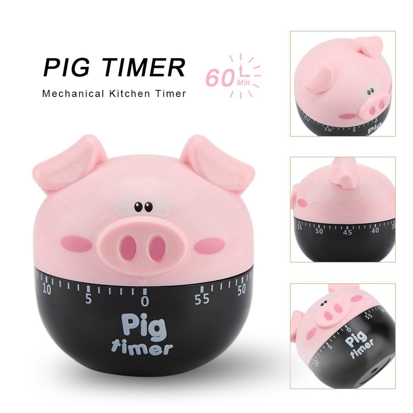 ‌shenruifa ‌‌‌‌‌‌Cute Cartoon Pig Kitchen Timer - Mechanical Cooking Timer Counter for Baking, Eggs & More (Pink)