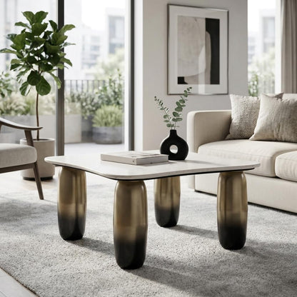 Sagebrook Home Modern Coffee Table with Square Marble Top & Sturdy Iron Legs - Accent Table for Living Room, Bedroom, Office - Elegant Contemporary Design - 16" Gold