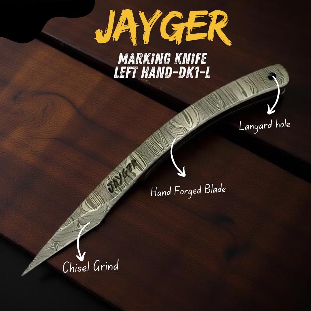 Jayger Handmade Kiridashi Knife – Precision Japanese Left Hand Marking Tool – Damascus Steel Curved Blade – Compact Carving & Craft Knife for Woodworking, Leatherwork, DIY & Artisan Use