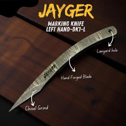 Jayger Handmade Kiridashi Knife – Precision Japanese Left Hand Marking Tool – Damascus Steel Curved Blade – Compact Carving & Craft Knife for Woodworking, Leatherwork, DIY & Artisan Use