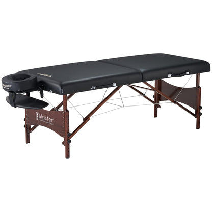 Master Massage Newport Portable Massage Table Package with Denser 2.5" Cushion, Walnut Stained Hardwood, Steel Support Cables, Pillows & Accessories, Black, 30"