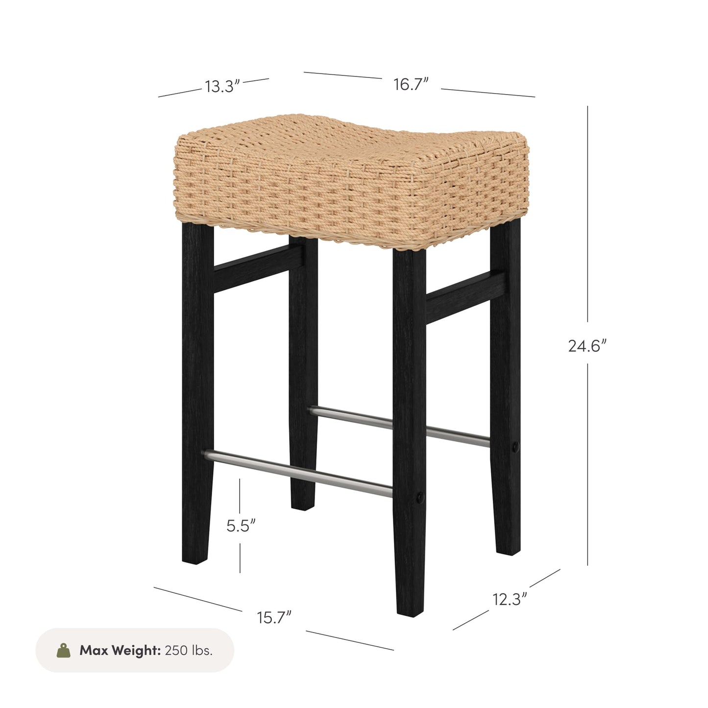 Nathan James Harvey Rattan Bar Stool, Bohemian Counter Height Stool with Woven Seagrass Seat, Solid Wood Legs, and Metal Footrest Seagrass/Brushed Black, Set of 2