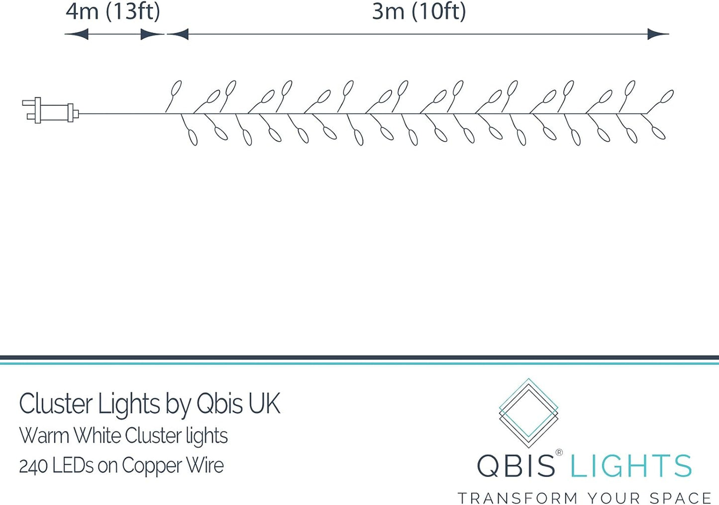 240 10ft QBIS LED Christmas Cluster Lights, Warm White Fairy Lights on Copper Wire, Plug in, Christmas Tree Lighting