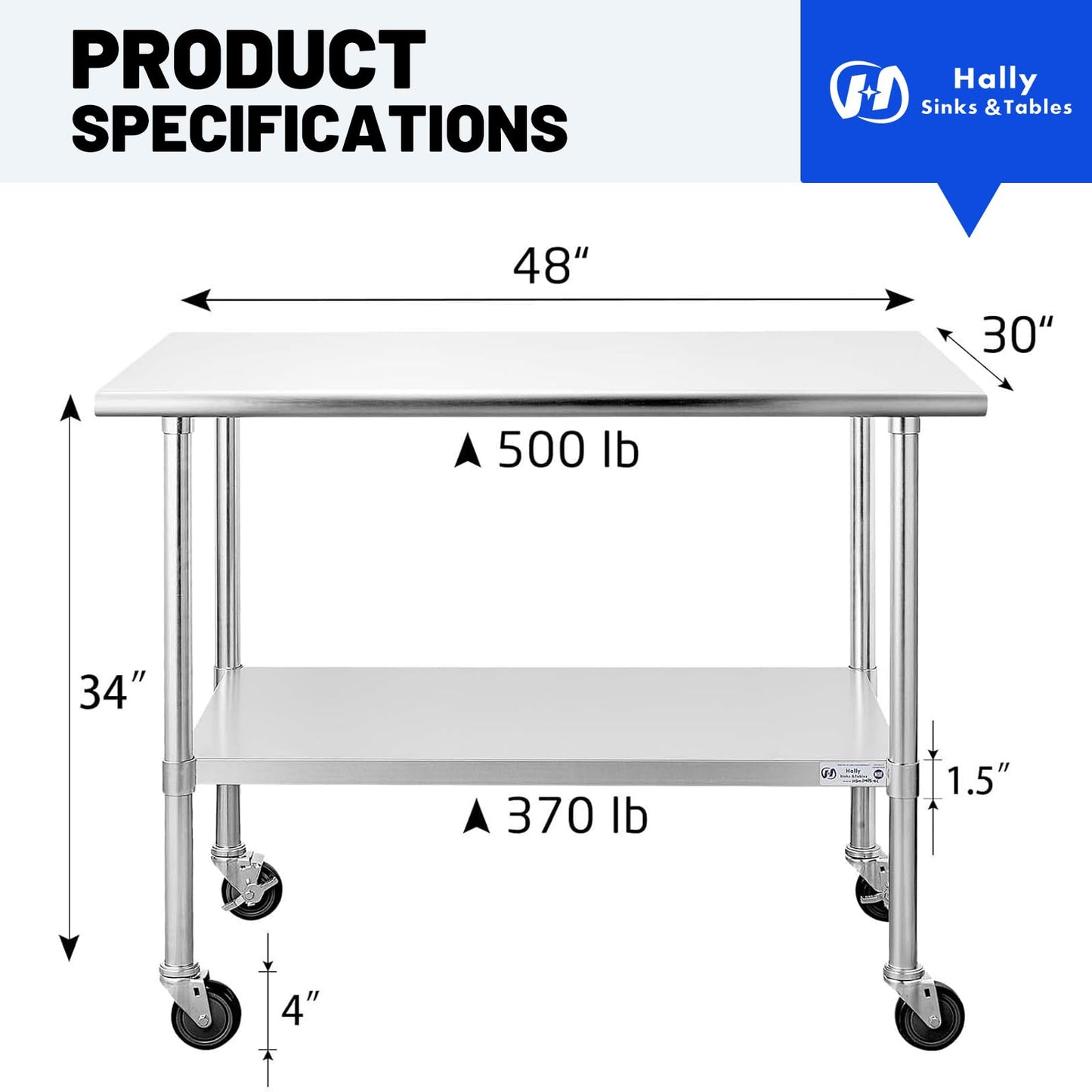 Hally Stainless Steel Table for Prep & Work 30 x 48 Inches with Caster Wheels, NSF Commercial Heavy Duty Table with Undershelf and Galvanized Legs for Restaurant, Home and Hotel