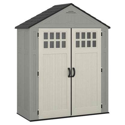 Suncast Everett 6x3 ft Vertical Storage Shed - Resin Outdoor Garden Shed with Floor, Windows, Skylight & Lockable Double Doors. Slim Yard Storage for Utility Tools & Backyard Equipment