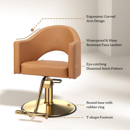 OmySalon Barber Chairs for Barbershop Gold Brown Styling Chair, Salon Chair for Hair Stylist, Heavy Duty Hydraulic Pump, 360°Swivel with Footrest, Hairdressing Home Beauty Spa Equipment