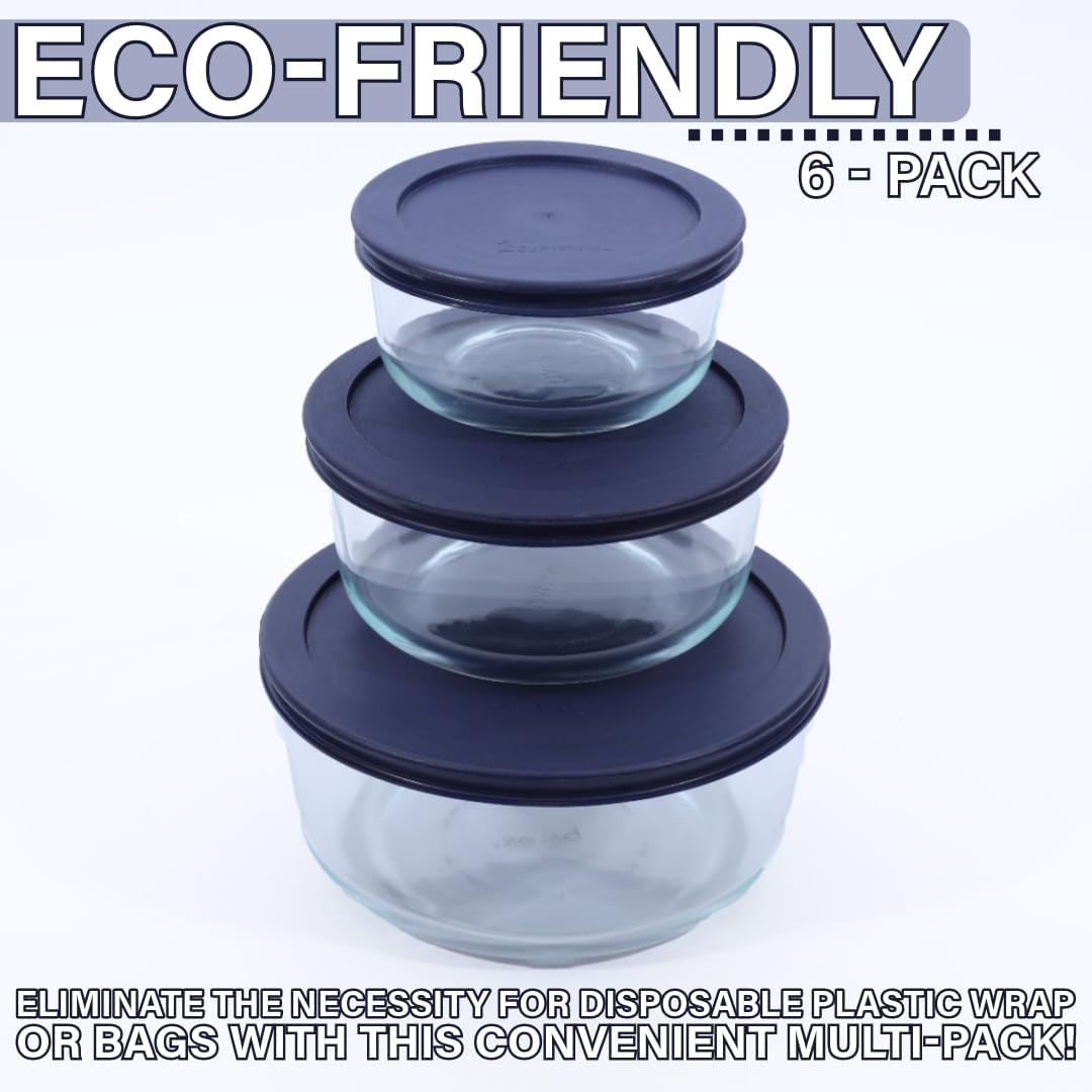 CIBI 6PK Food Storage Container Lids (4 Cups, Blue) for Pyrex and Anchor Round Glass Containers, Dishwasher Safe