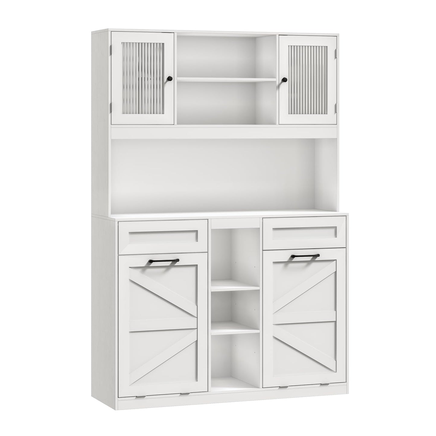STHYTON Tall Tilt-Out Double Laundry Hamper Cabinet with 2x11-Gallon Hidden Laundry Basket, Tilt Out Trash Bin Cabinet with Fluted Glass Doors, Farmhouse Wooden Bathroom Storage with Push Doors, White