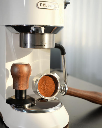 KOFIKOFI Coffee Tamper 53.3mm - 3 Spring Loaded Espresso Tamper with 30lbs Calibrated Springs and Sound Feedback - Barista Walnut Tamper With Stainless Steel Ripple Base - Fits 54mm Portafilter