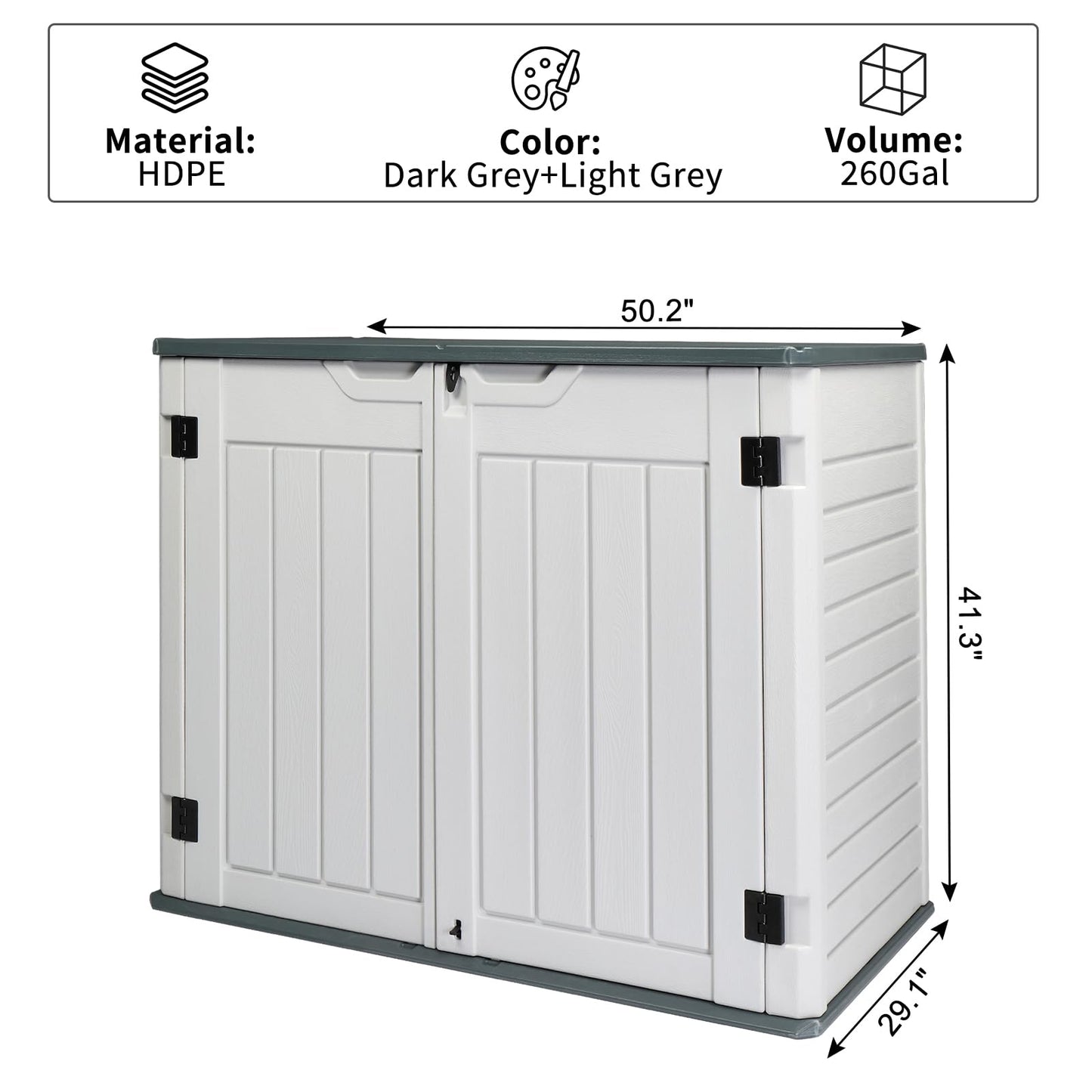 260 Gallon Deck Box, Outdoor Large Storage for Patio Furniture Cushions, Garden Pool Accessories, Deck Box Outdoor Storage Boxes for Patio Furniture 50""W x 29""D x 41"" H, White / Grey