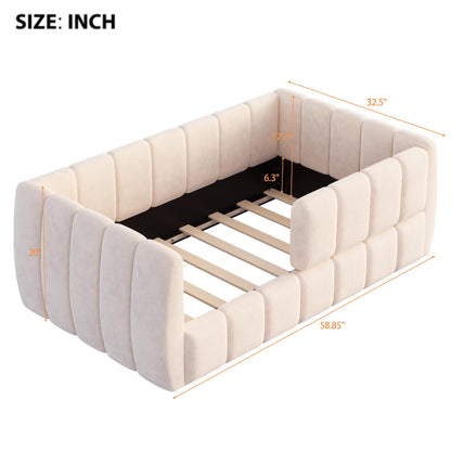 Merax Upholstered Floor Daybed with Removable Guardrails, Compatible with Standard US mattresses, Safety Bed with High Headboard & Footboard, Beige