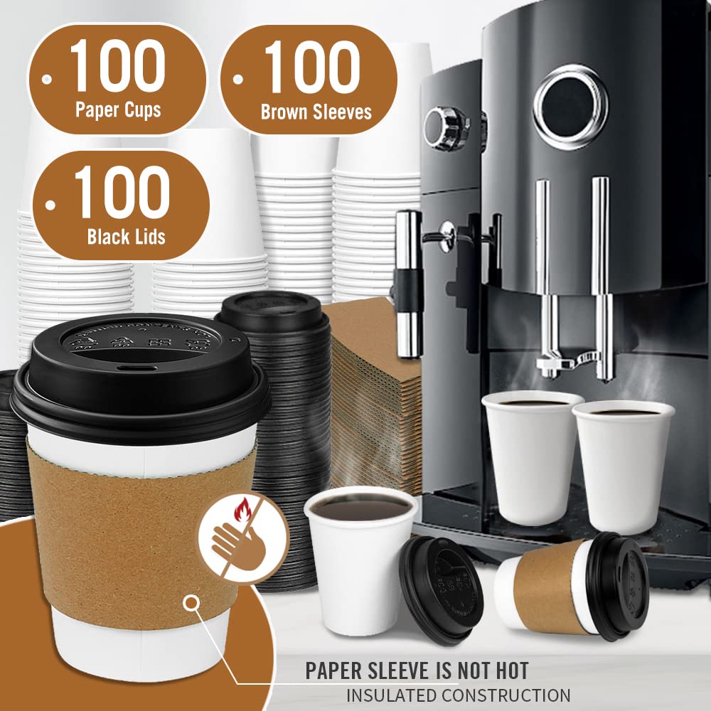Ginkgo 100-Pack 8 oz Thickened Disposable Coffee Cups with Lids and Sleeves, To Go Cups for Hot Beverages, Perfect for Hot Coffee, Cocoa, and Chocolate