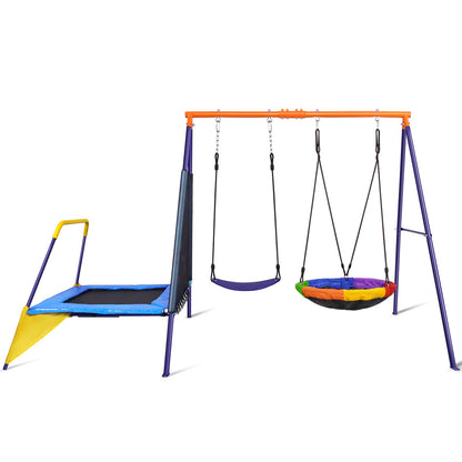 Lunafun Swing Sets for Backyard with Trampoline 440lbs with Heavy-Duty Metal A-Frame Outdoor Swing Set with 1 Saucer Swing Seat 1 Swings Seat & 1 Trampoline