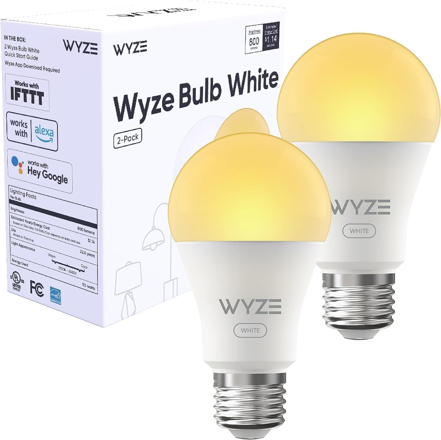 Wyze Lifestyle Bulb White, 800LM A19 Tunable-White Wi-Fi Smart Light Bulb, Compatible with Alexa and Google Assistant, 2.4GHz, No Hub Required, 2700K - 6500K, Dimmable, 90+CRI, Timer & Group, 4-Pack