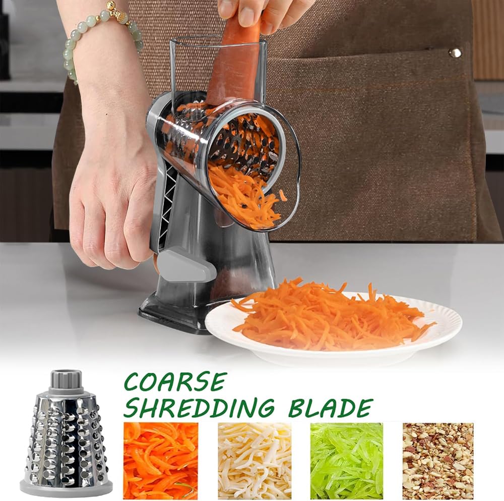 Dachenus Cheese Grater Rotary Cheese Grater,Versatile Cheese Shredder,Blades for Shredding, Grating, Slicing,Cheese Shredder with Suction Base and Cleaning Brush Kitchen Gift (gray)