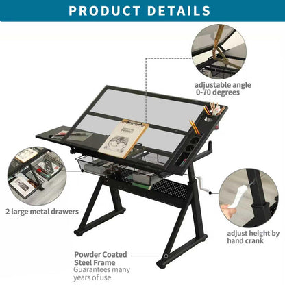 Landpink Adjustable Drawing Table for Artists | Drafting Desk with Tilted Glass Top | Art & Craft Table for Adults (Black, Smart Upgrade-29.52’’- 37.8'' H)