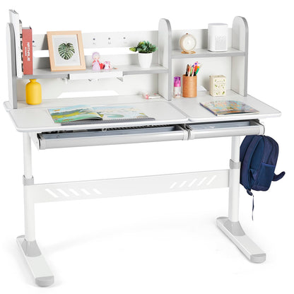 JOYLDIAS Ergonomic Kids Desk with Hutch, 47" Wide Height Adjustable Study Table for Home School, Anti-Hunchback Tilting Desktop for Reading & Drawing, Durable Student Learning Center for Boys & Girls