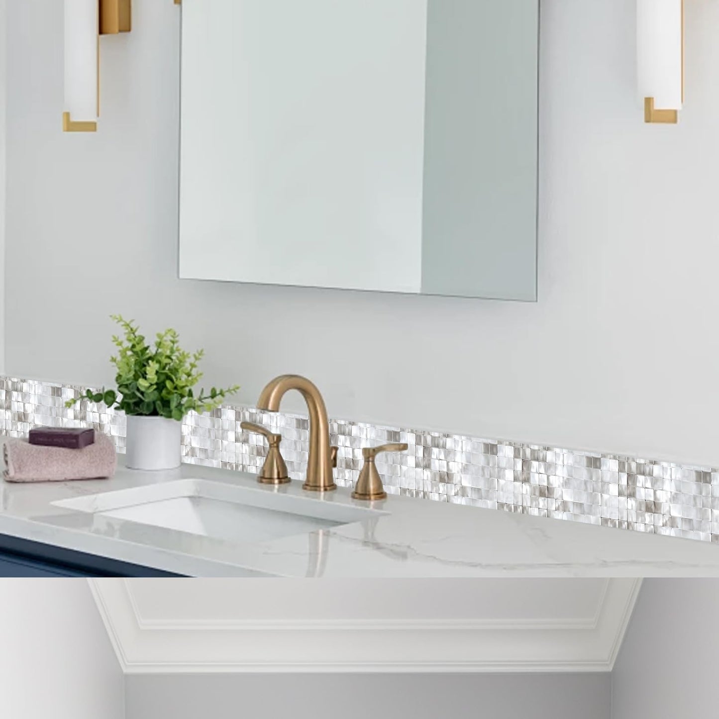 HOMETITUTE Wallpaper Border Peel and Stick Decorative Wall Trim Self Adhesive Mosaic Accent Strip for Bathroom Kitchen Mirror Frame Bedroom Living Room 4x196 Inch Silver Tile Effect Design