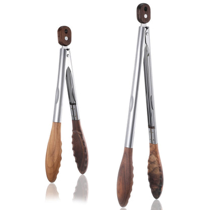 Oqqlin 2 Pcs Wooden Tongs for Cooking, 9 & 10 Inch Durable Salad Tongs with Walnut Wood Tip Multifunctional Stainless Steel Handle Kitchen Tong for Serving Food, Bread, BBQ, Tossing Salad - Lock Dsign