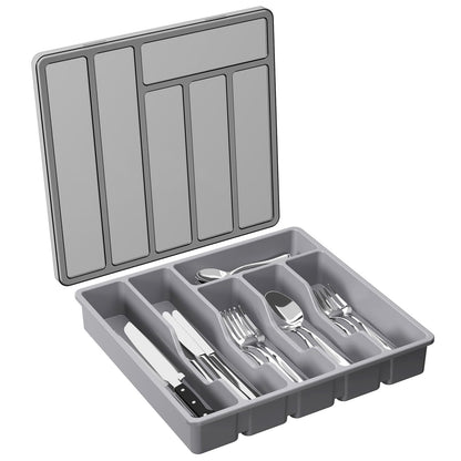 Lifewit Silverware Organizer with Lid, Covered Utensil Tray for Kitchen Drawer and Countertop, Plastic Cutlery and Flatware Storage Box for Spoons Forks Knives Holder Case, 6 Compartments, Black