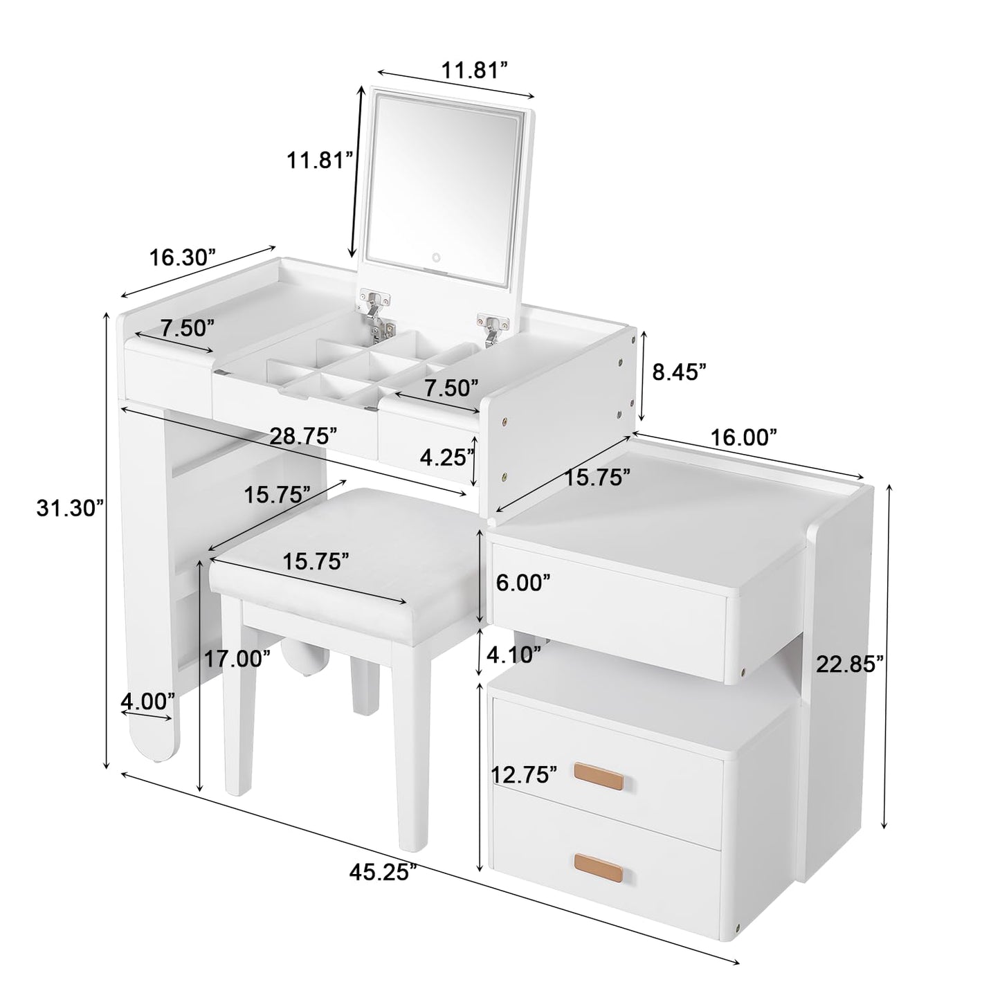Merax Makeup Vanity Desk with Flip-Top Mirror and Lights, Modern Vanity Set with Cushioned Stool, 3-in-1 Dressing Table with Retractable Side Cabinet and Ample Drawers for Bedroom, White