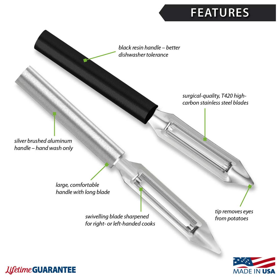 Rada Cutlery Deluxe Vegetable Peeler (R141), 2" Stainless Steel Swiveling Blade, Silver Handle