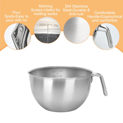 3PCS Double Boiler Pot Set, 1250ML/1.1QT Mixing Bowl with Scale 2200ML/ 2QT Stainless Steel Heating Pot with Silicone Spatula for Cheese Chocolate Candy Candle Soap Wax Melting (1250ml+2200ml)
