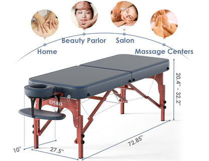 CLORIS 84" Professional Massage Table Portable Reinforced Wooden Leg Hold Up to 1100LBS 2 Folding Lightweight Spa Salon Tattoo Massage Bed Height Adjustable with Carrying Bag - Blue