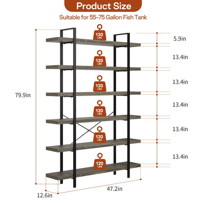 6 Tier Book Shelf, 47'' Wide Wood Industrial Bookshelf, 120lbs Shelf Capacity, Open Storage Shelves, 80'' Tall Heavy Duty Display Shelving, Rustic Grey Bookcase for Bedroom,Living Room,Office - 2Pcs