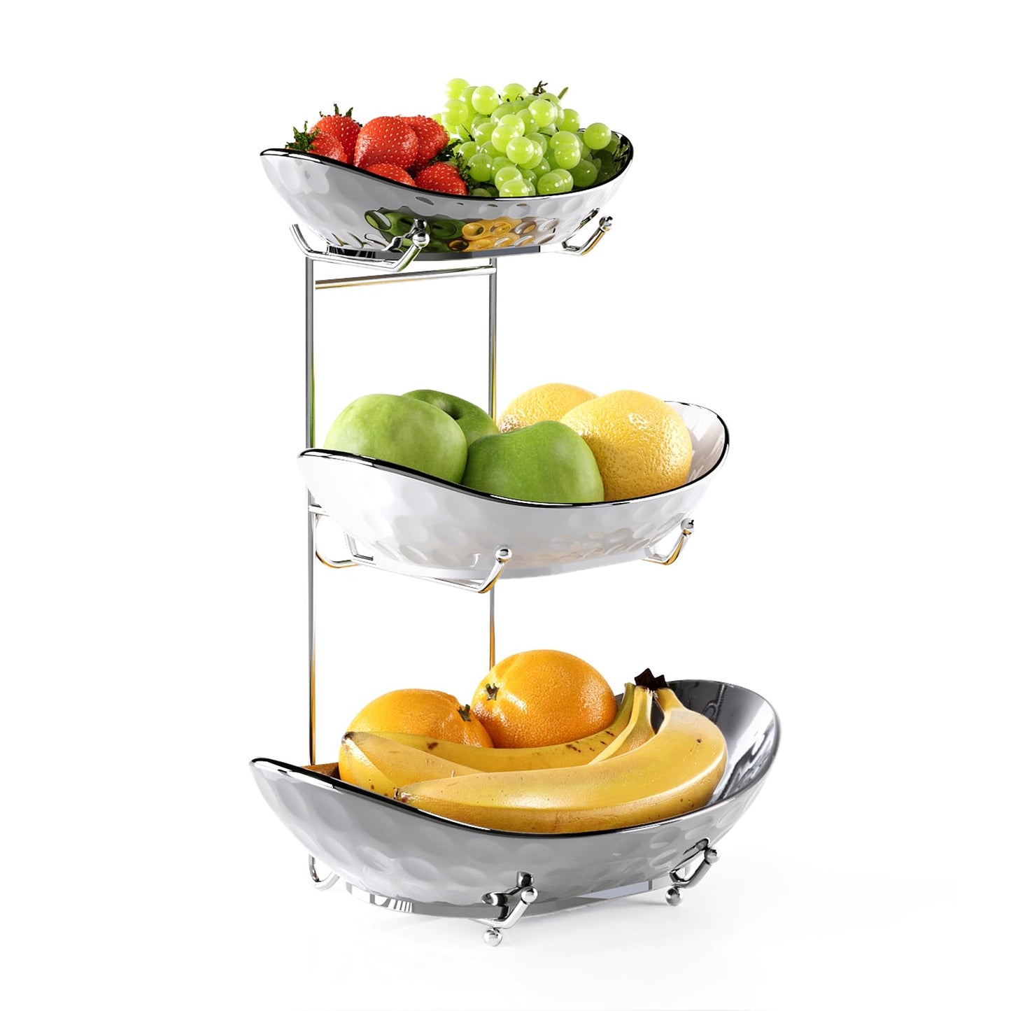Acliys Fruit Bowl, 3 Tier Ceramic Fruit Basket, Serving Stand Serving Bowl with Metal Rack, Porcelain Kitchen Bowls for Fruit and Vegetable Storage Snack Nuts Dessert Cake Tray for Party Wedding