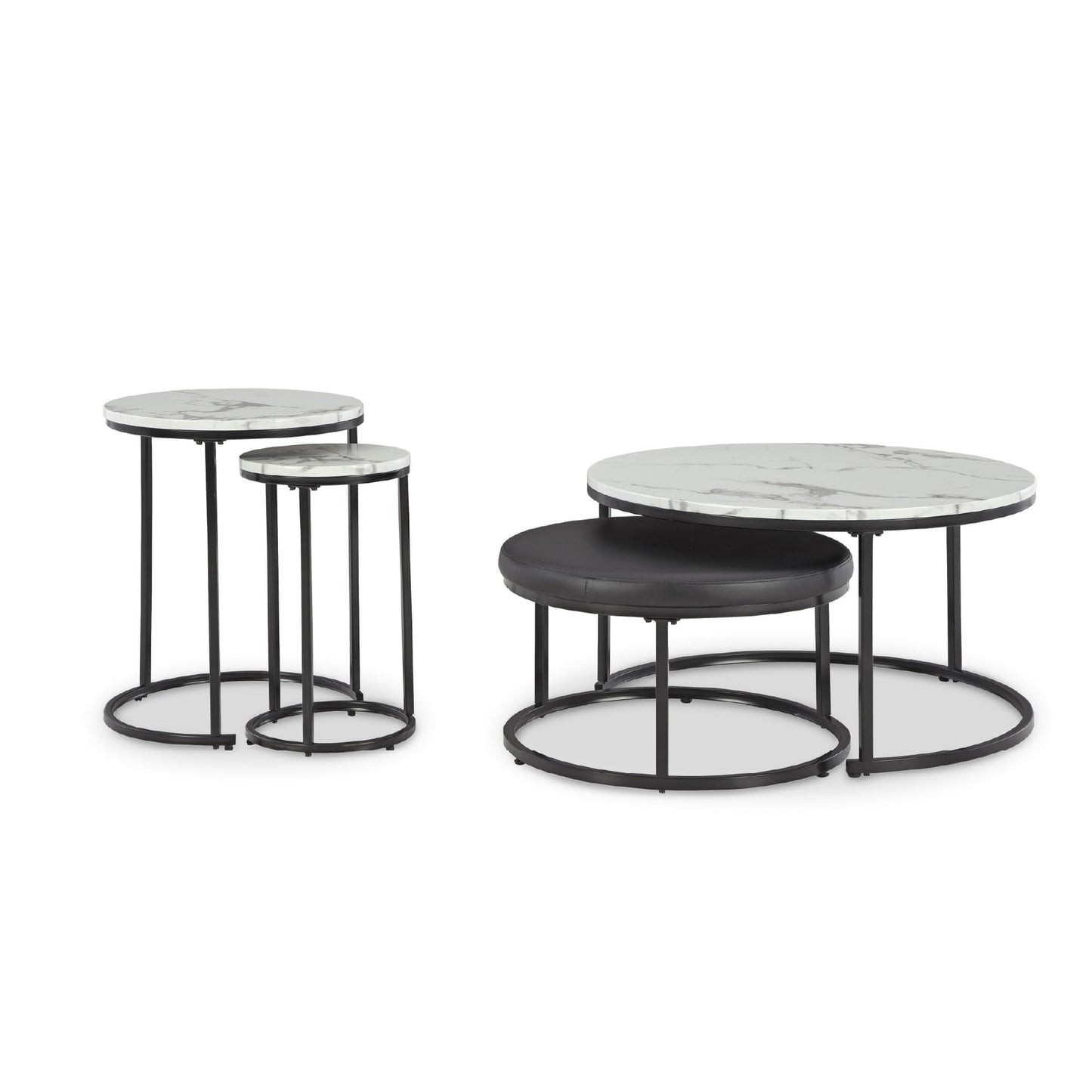 Signature Design by Ashley Jusmour Modern Nesting Table Set with Faux Leather Upholstered Ottoman, Set of 4, Black & White