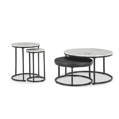 Signature Design by Ashley Jusmour Modern Nesting Table Set with Faux Leather Upholstered Ottoman, Set of 4, Black & White