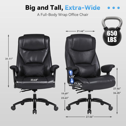 Big and Tall Office Chair - 650LBS Ergonomic Desk Chair, Leather High Back Executive Office Chairs, Plus Size High Back Desk Chair with Thick Cushion & Wide Seat, Heavy Duty Computer Gaming Chair