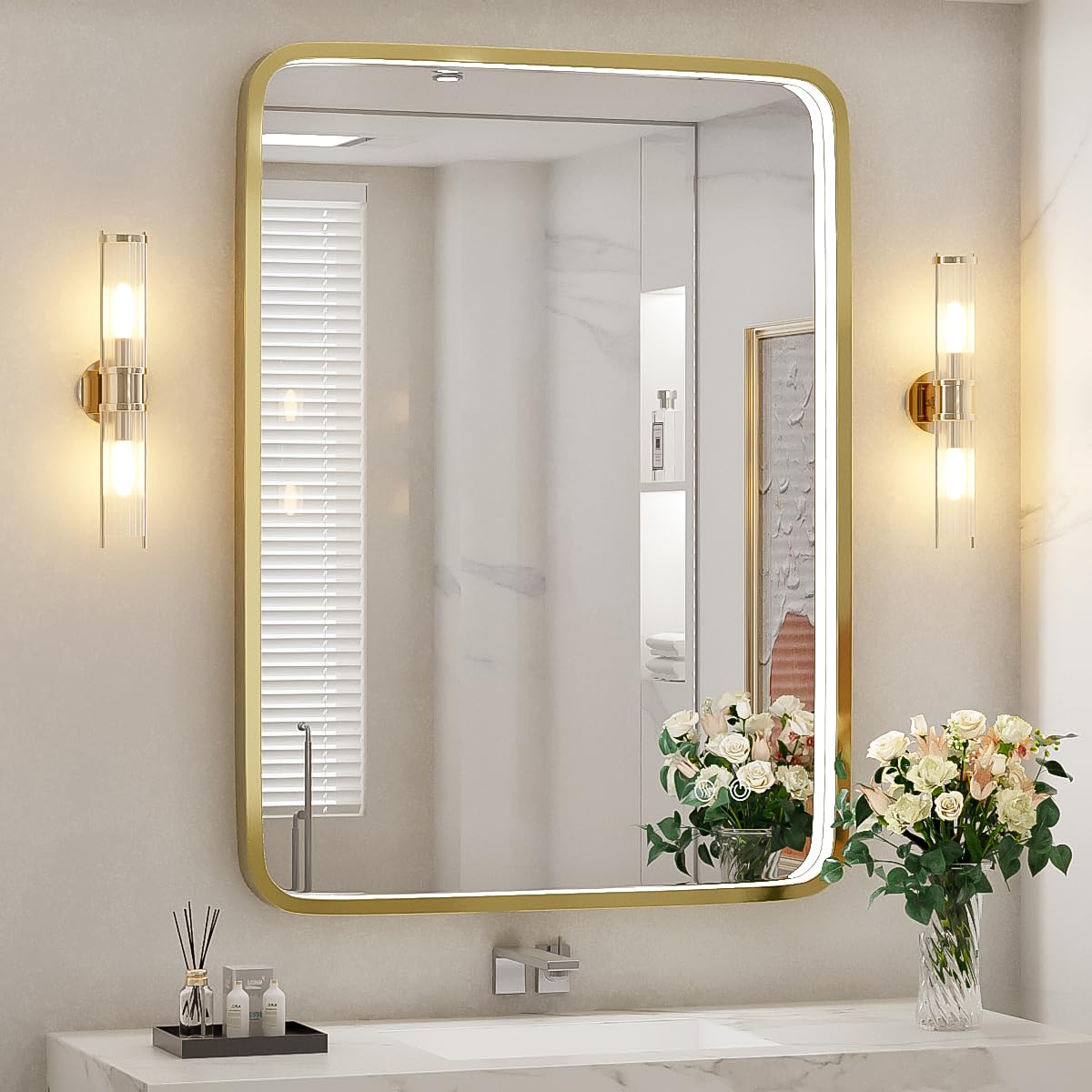 FTOTI 28x36 Inch LED Bathroom Mirror with lights,Wall Mounted Lighted Vanity Mirrors with Non-Rusting Gold Metal Frame Anti-Fog Memory Funtion Stepless Dimmable for Bathroom Decor(Horizontal&Vertical)