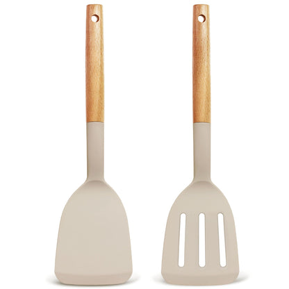 Set of 2 Silicone Spatula Turner for Nonstick Cookware, 600°F Heat Resistant Solid Slotted Kitchen Spatula Set with Wooden Handle, Cooking Utensils Set for Egg, Pancake, Fish, Burger