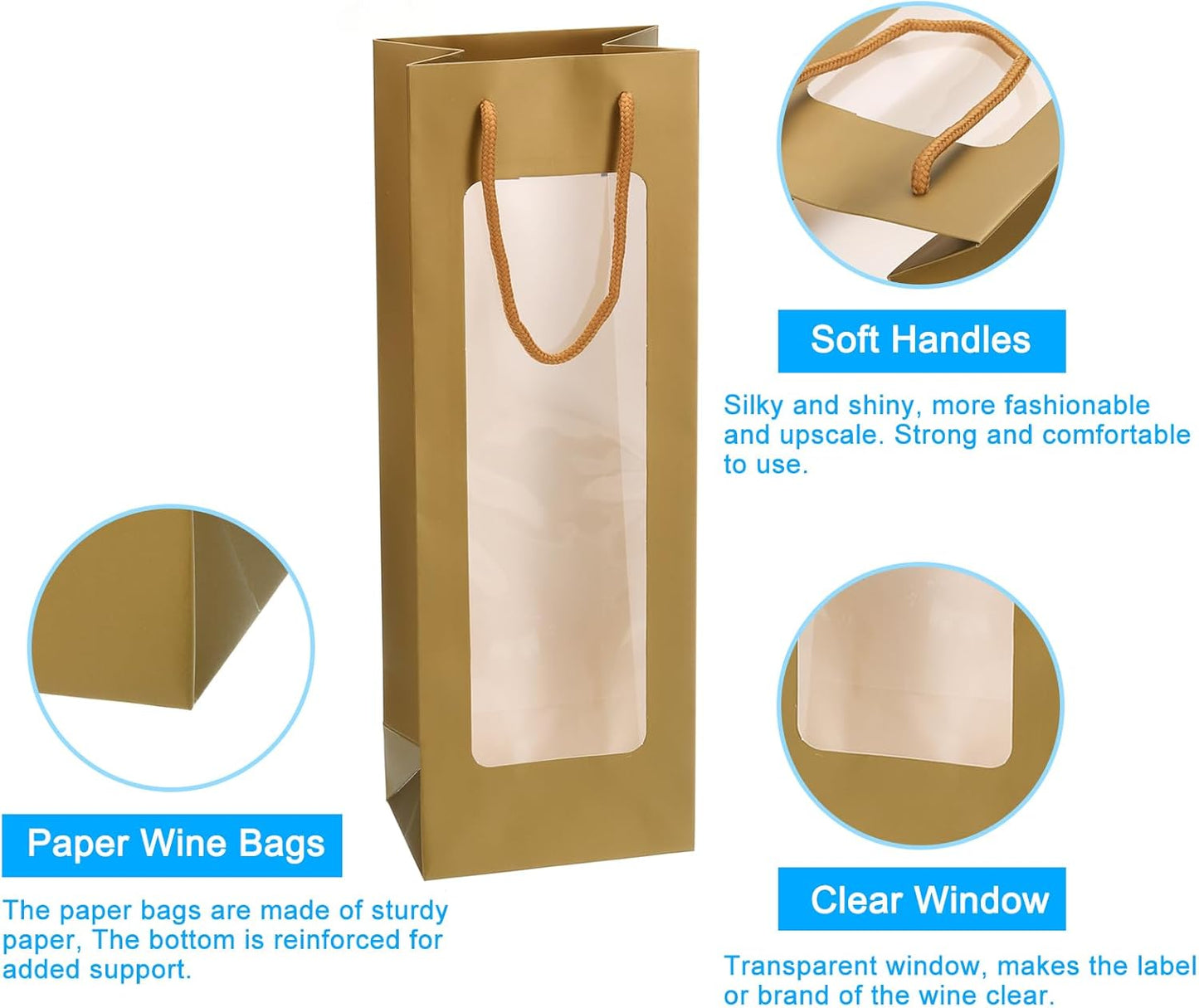 uxcell Wine Bags - 20pcs 4.92"x3.35"x14.2" Paper Tote Bags with Rope Handles, Clear Window for Party Supplies, Gold