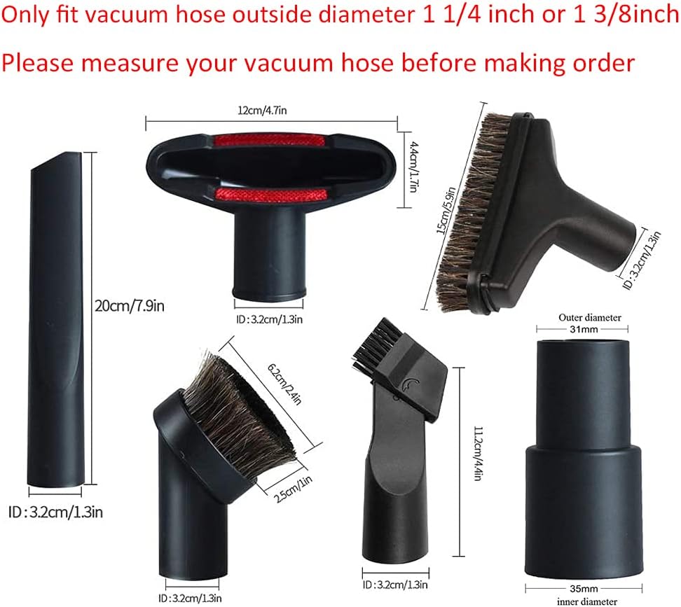 Vacuum Attachments 32mm (1 1/4 inch) Brush, Flexible Crevice Kit for Shop Vac Attachments, 7 Packs