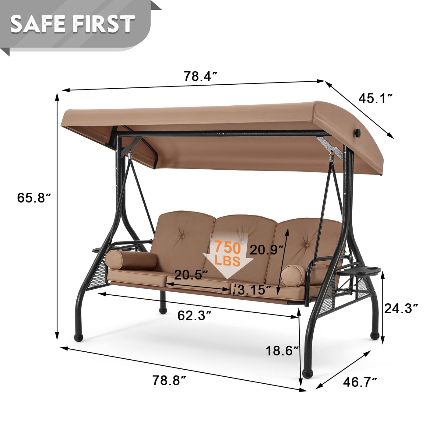 HOMREST 3 Seat Outdoor Porch Swing with Adjustable Canopy, Convertible Patio Swing Bed with Stand, Patio Glider Swing with Upgraded Cup Holder, Thicken Cushions ＆ Pillow for Backyard(Brown)