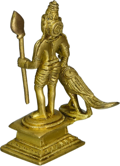 God Murugan Swami Miniature Brass Statue with Peacock, Handcrafted Decor Item for Home, Temple, Gifting, 2.25 x 3 x 4.3