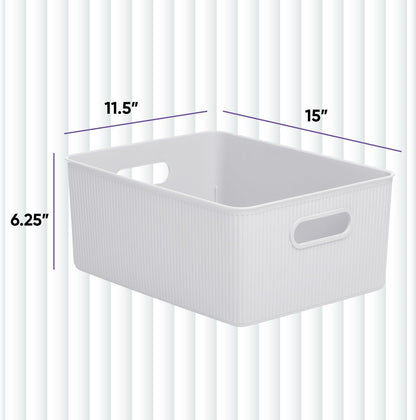 Superio Ribbed Collection - Large White Decorative Plastic Open Storage Bins, 2 Pack for Organizing