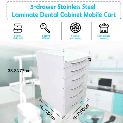 BEILOCKERY Dental Special Storage Cabinet, Stainless Steel Laminate Dental Cabinet Mobile Cart with 5 Drawers and ABS Partition, Lockable Moving Side Cart with Wheels