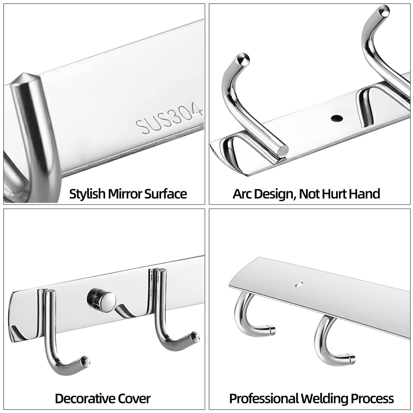 TooCust Wall Hooks for Hanging, Silver Coat Rack Wall Mount with 5 Coat Hooks 14.5", 304 Stainless Steel,Towel Hanger, Hat Hooks, Robes Hook in Bathroom, Bedroom, Kitchen, Living Room (2 Pack)