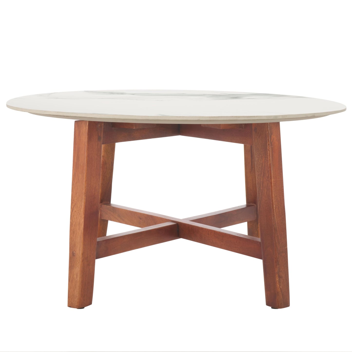 SAFAVIEH Home Collection - Samie Coffee Table, Round White Ceramic Faux Marble Top with Walnut Brown Wood Base (COF2902A)