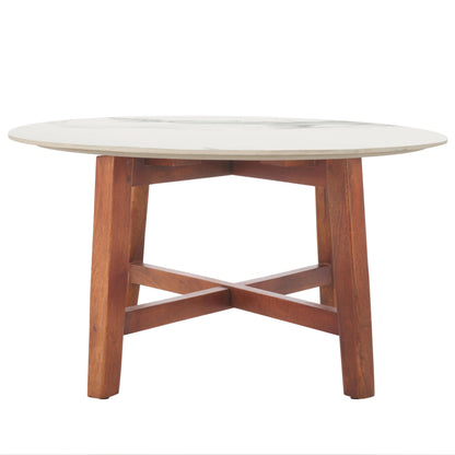 SAFAVIEH Home Collection - Samie Coffee Table, Round White Ceramic Faux Marble Top with Walnut Brown Wood Base (COF2902A)