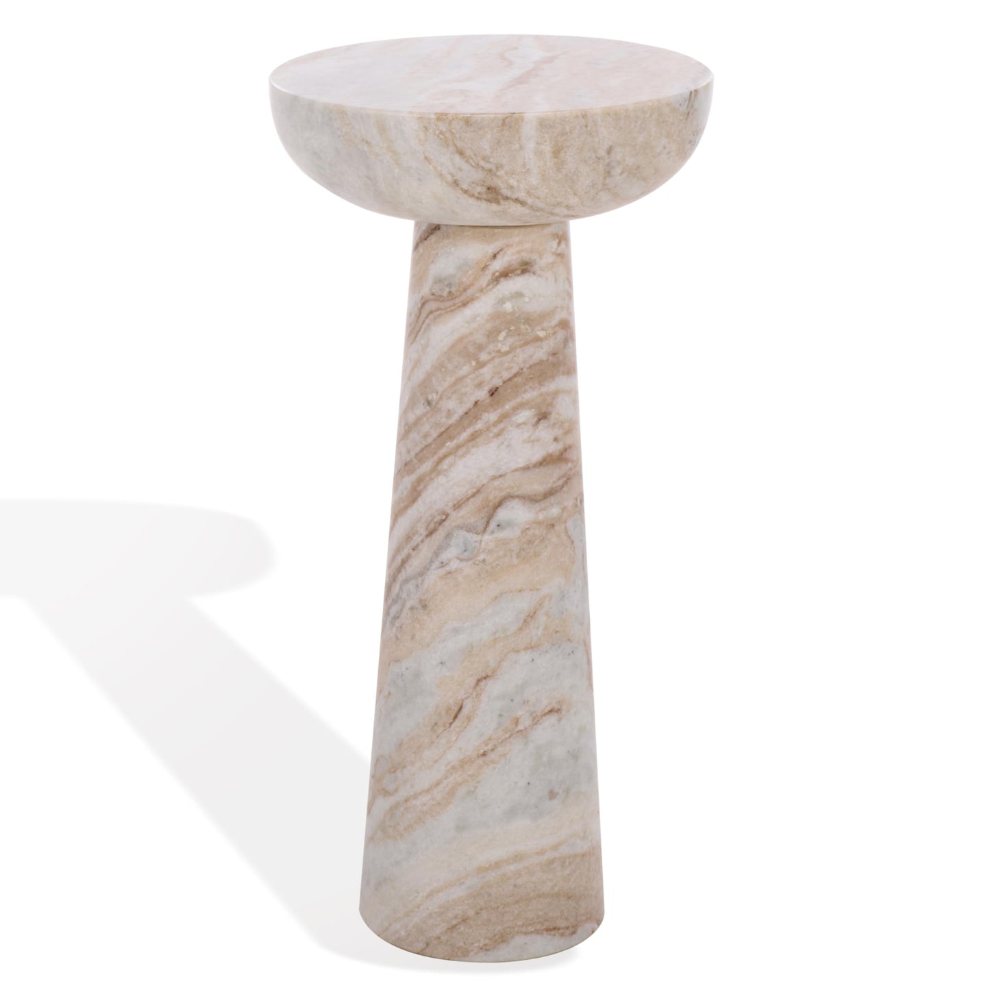 SAFAVIEH Couture Collection – Glendale White & Brown Round Marble Accent Table, Stone Pedestal Side Table, Modern Sculptural Design (SFV9766A)